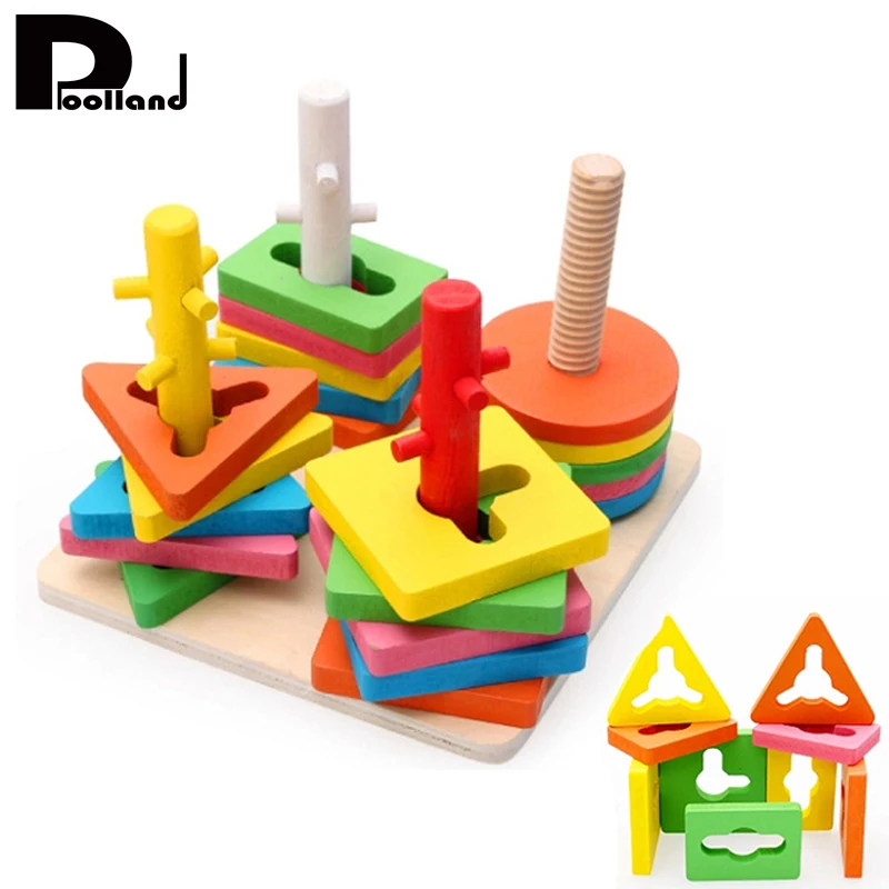 Best Kids Educational Game Wooden Block Toy 4 Pillar Matching Color Shape Geometric Board Blocks Kids Baby Building Blocks P20 baby-building-blocks-wooden