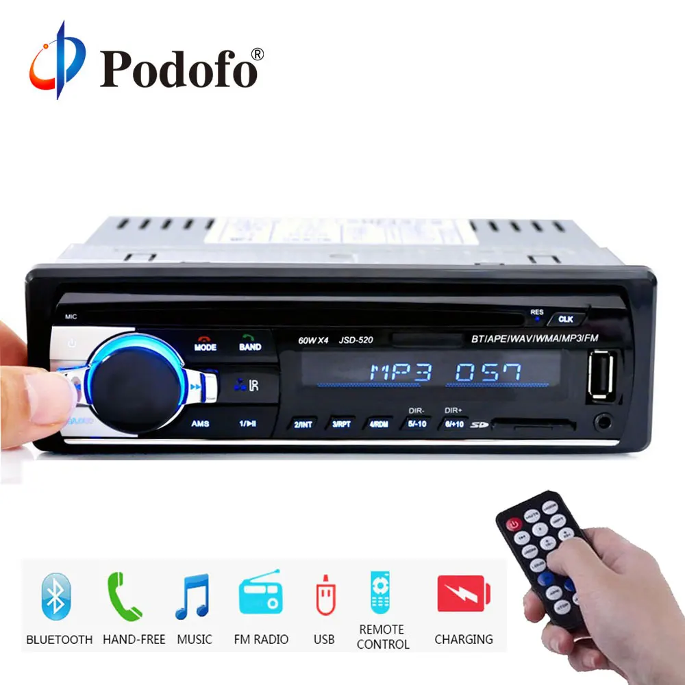 Podofo 1DIN en el tablero de Radios de coche estéreo Control remoto Digital de Audio Bluetooth de música estéreo 12 V del coche de Radio Mp3 jugador de USB/SD/AUX-IN