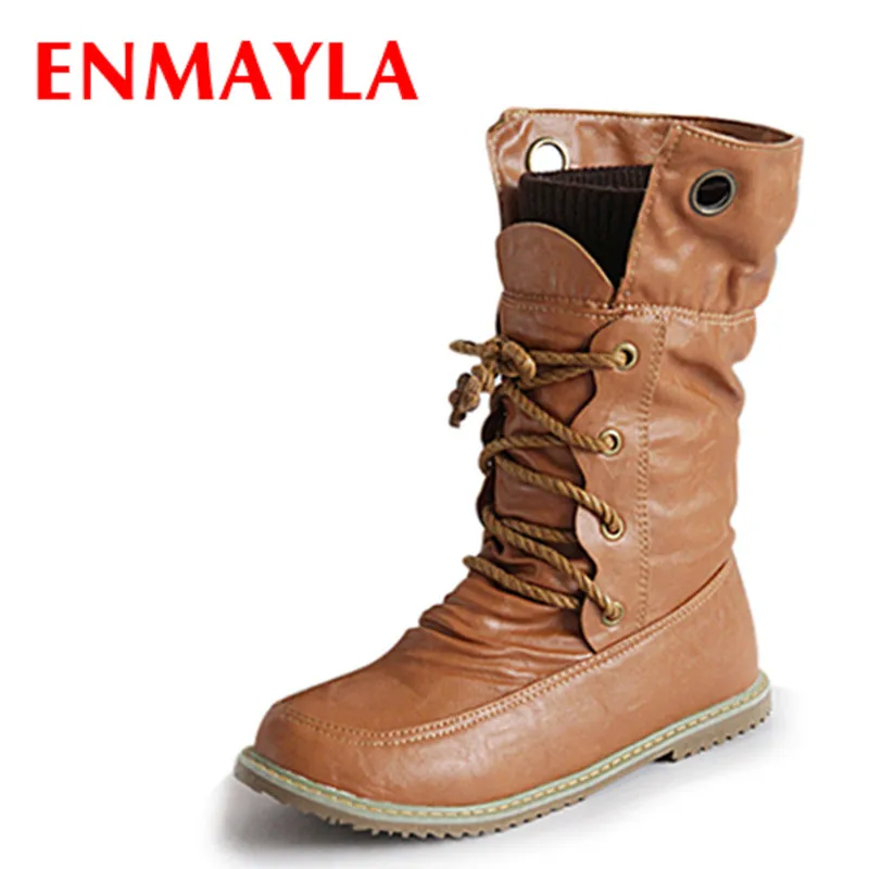 

ENMAYLA Fashion Lace-up Half Motorcycle Boots for Women Winter Flats Western Boots Shoes Woman PU Snow Boots Plus Size 43 Yellow