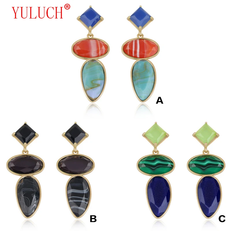 

Geometric Exaggerated Long Pendant Multi-Colored Semi-Precious Stones Faceted Cut Zinc Alloy Inlay for Fashion Woman Jewelry