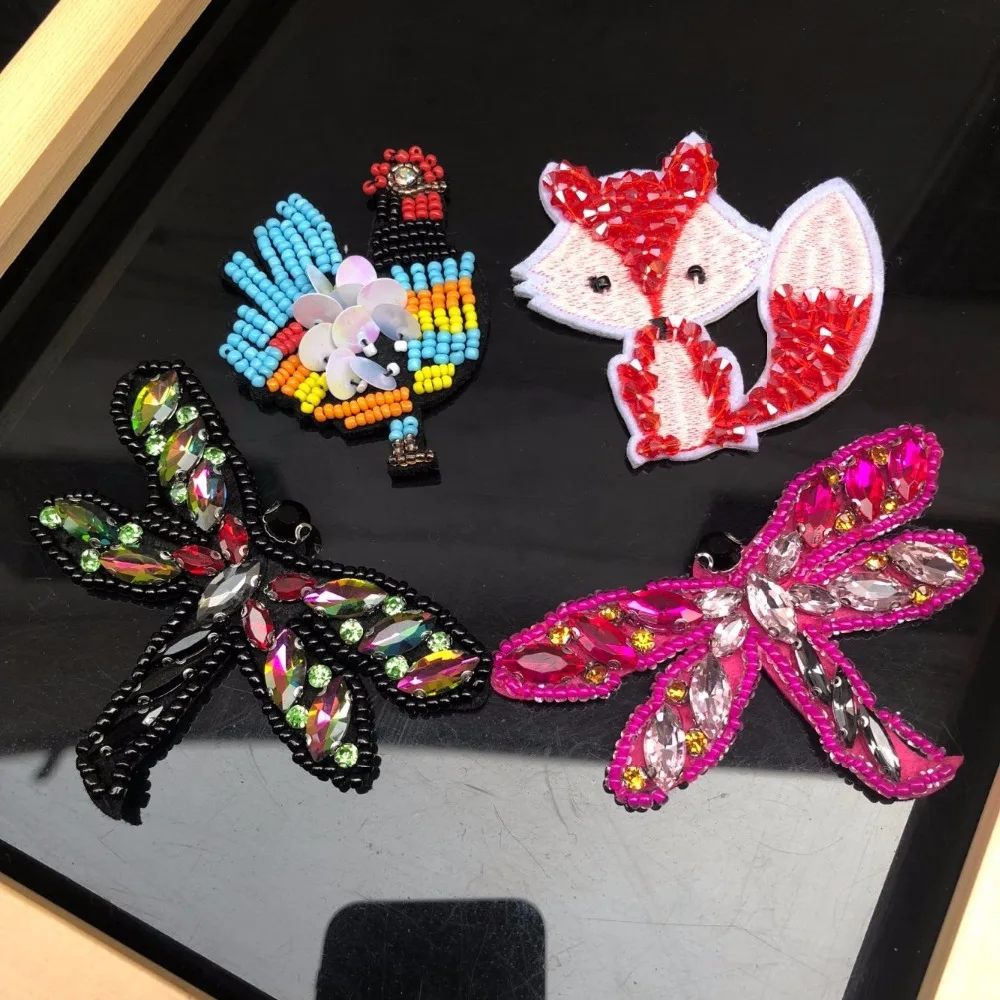 Fox Embroidered Bead On Applique Clothing Patch, Dragonfly Cock Patch