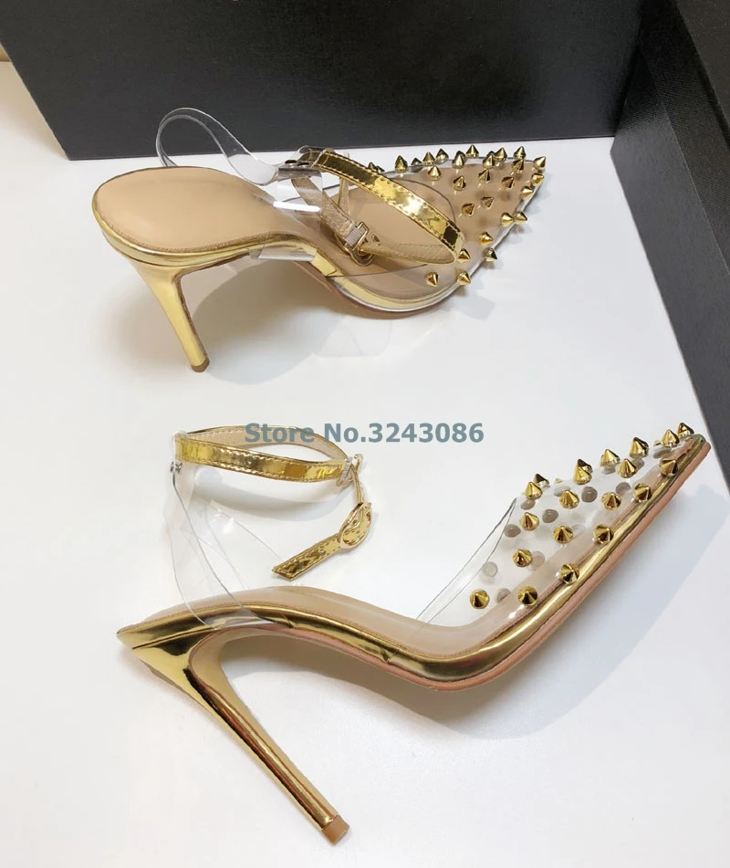 Острый носок ПВХ прозрачная пленка высокий тонкий каблук Сандалии золотые серебристые, с заклепками, с пряжкой и ремешком на шпильке; сандалии на каблуке Для женщин Летняя обувь