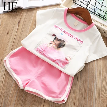 

HE Hello Enjoy Girls Clothing Set Summer 2018 Kids Tracksuit Children Clothes Cartoon Applique Print T-shirt+Shorts Toddler