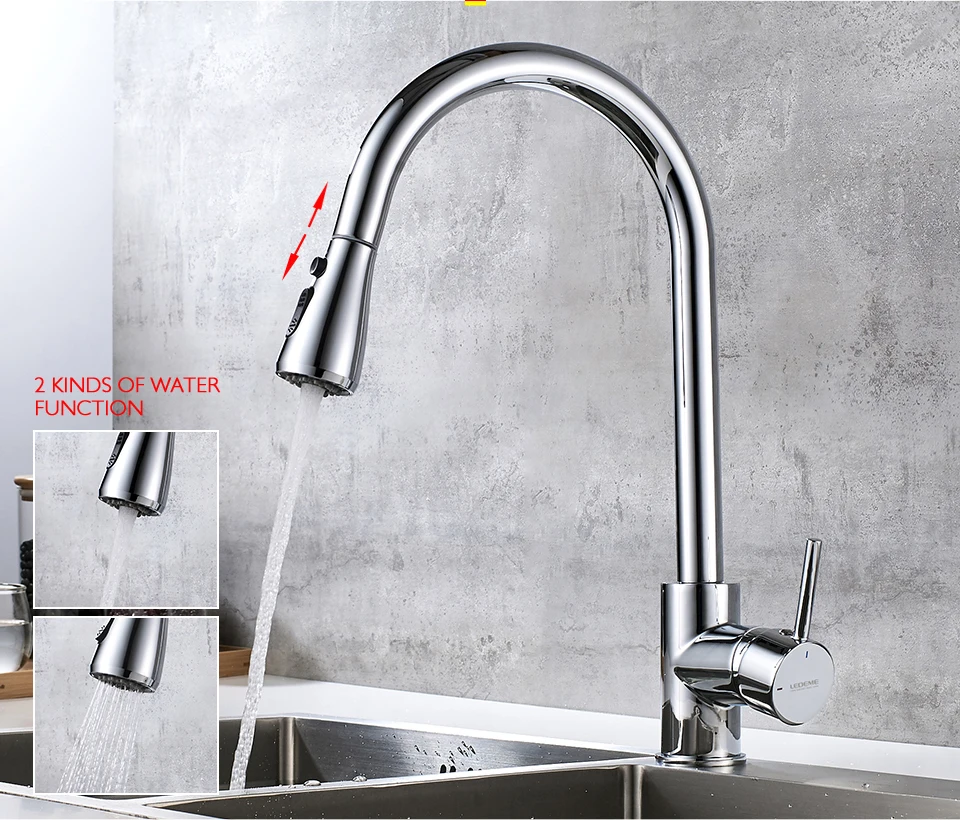 LEDEME Single Handle Kitchen Faucet Mixers Sink Tap Pull Out Multi Water Outlet Kitchen Faucet Modern Hot and Cold Water L6155