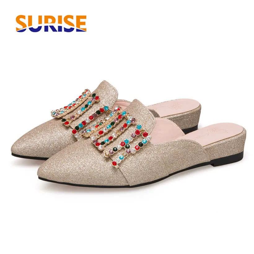 

Casual Women Mules 3.5cm Low Medium Thick Block Heel Pointed Toe Glitter PU Leather Rhinestone Slides Summer Gold Lady Slippers