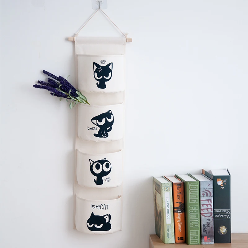 Japan Style Bedroom Canvas Hanging Bag 4Pockets Bathroom Wall Door