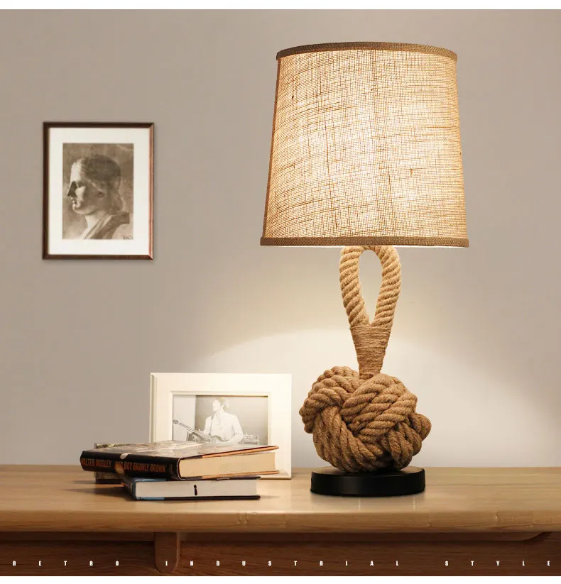 Candeeiro de Mesa Escritório do Hotel Americano Criativo Retro Linho Cabeceira Quarto Estudo Corda Cânhamo Decorativo Lâmpada Mesa Luz 10 Luminárias de mesa