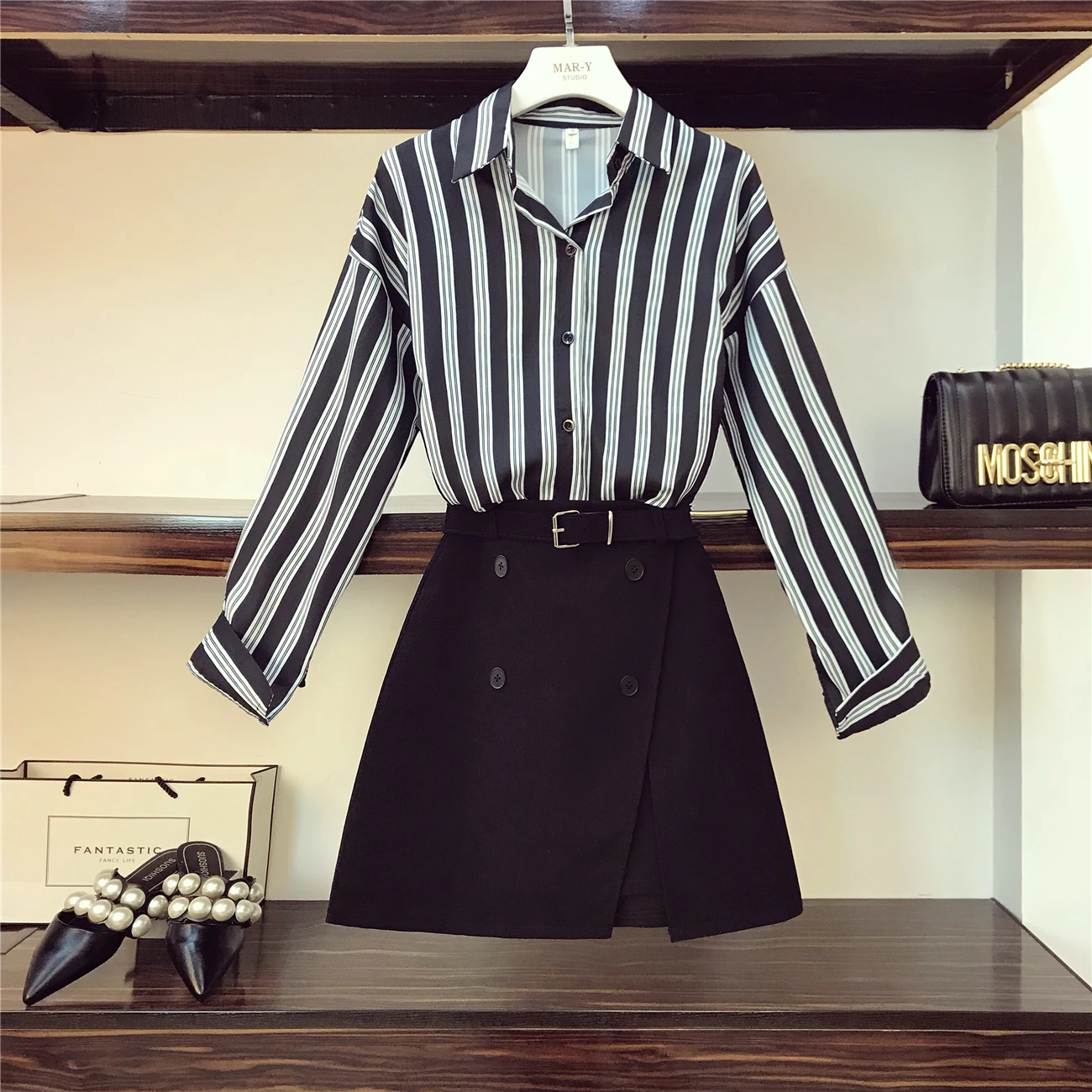 Новая мода черная полоса шифоновая рубашка с нерегулярными разделение юбка весна 2019 женские юбки для женщин комплект из двух предмето