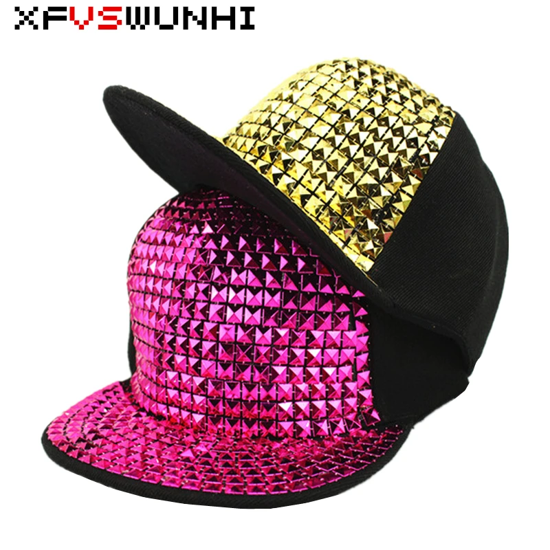 XFVSWUNHI Fashion Lady Rivets Hip Hop Hat Sequined Luxury Men's High Quality Spring Summer Tide Boy Street Dance Cap |