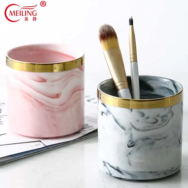 

Gold Inlay Marble Pattern Pink Grey Makeup Brushes Holder Storage For Bathroom Vanity Kitchen Home Decor Ceramic Pen Container