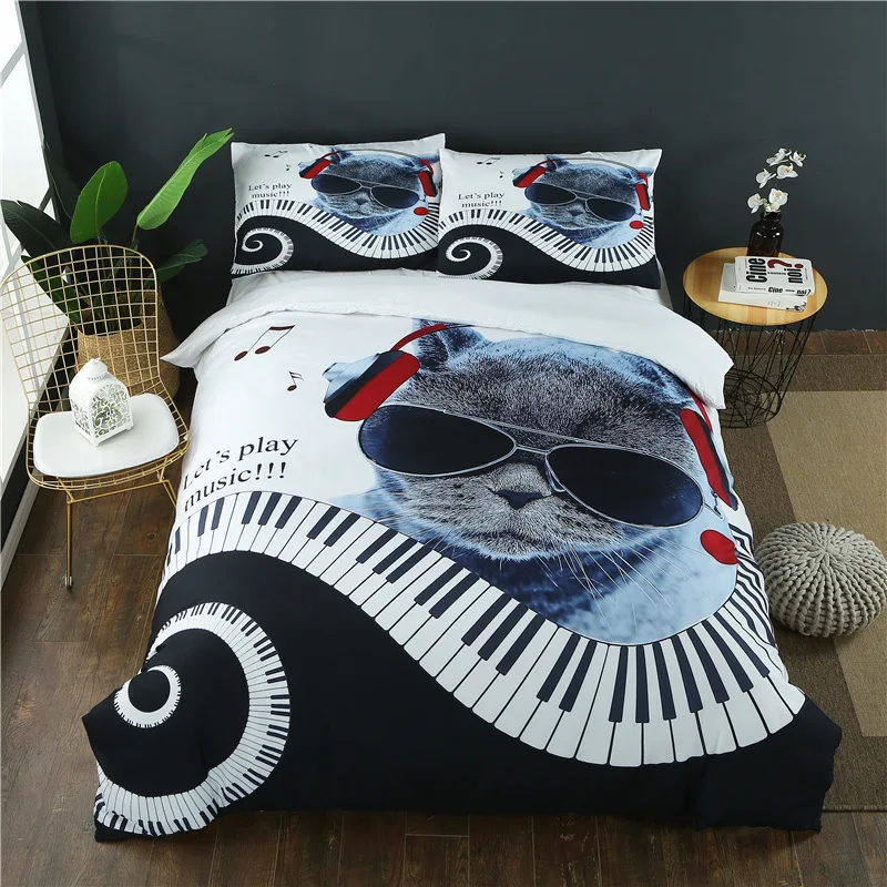 3Pcs Cartoon Bedding Set Home Decor Music Cat Pattern Duvet Cover With Pillowcases Bedding Set Children's Bedroom Decorations