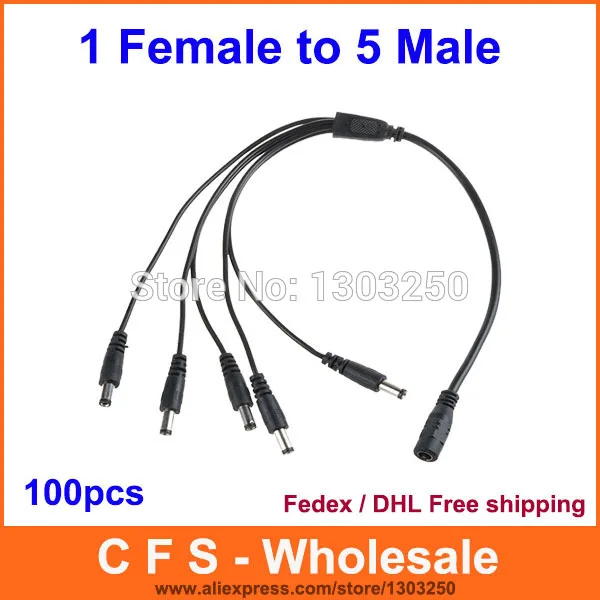 High Quality 100pcs DC Power 5.5x2.1mm 1 Female to 5 Male Plug Cable Splitter Adapter for Security CCTV Camera DHL Free shipping |