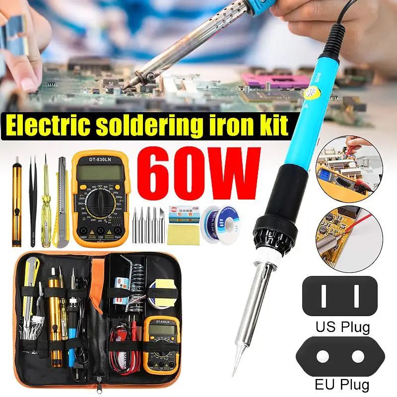 

60W 110/220V Adjustable Temperature Soldering Iron Kit Digital Multimeter Soldering Tips Desoldering Pump Cutter Solder Wire