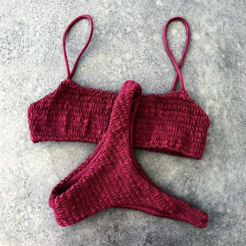 Сексуальный женский бандажный комплект бикини, новейший Летний плиссированный купальник, пляжная одежда, бюстгальтер на шнуровке, треугольный низ, сексуальный купальник - Цвет: Красный