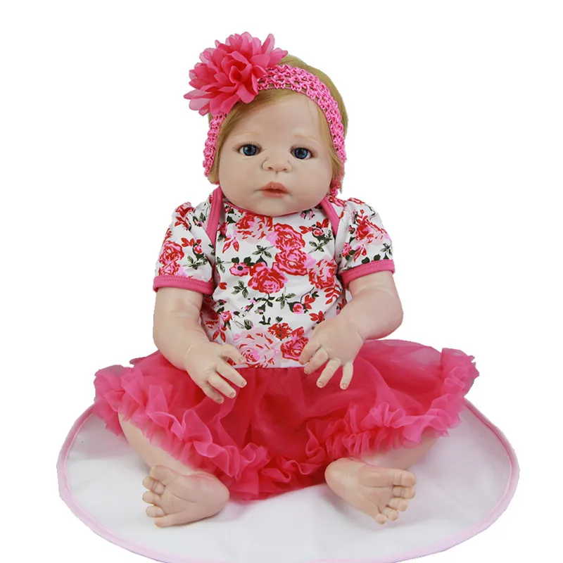 

2017 Newest Princess Girl Baby Golden Human Hair 23 Inch Silicone Vinyl Reborn Dolls With Rose Dress Waterproof Toy For Sale