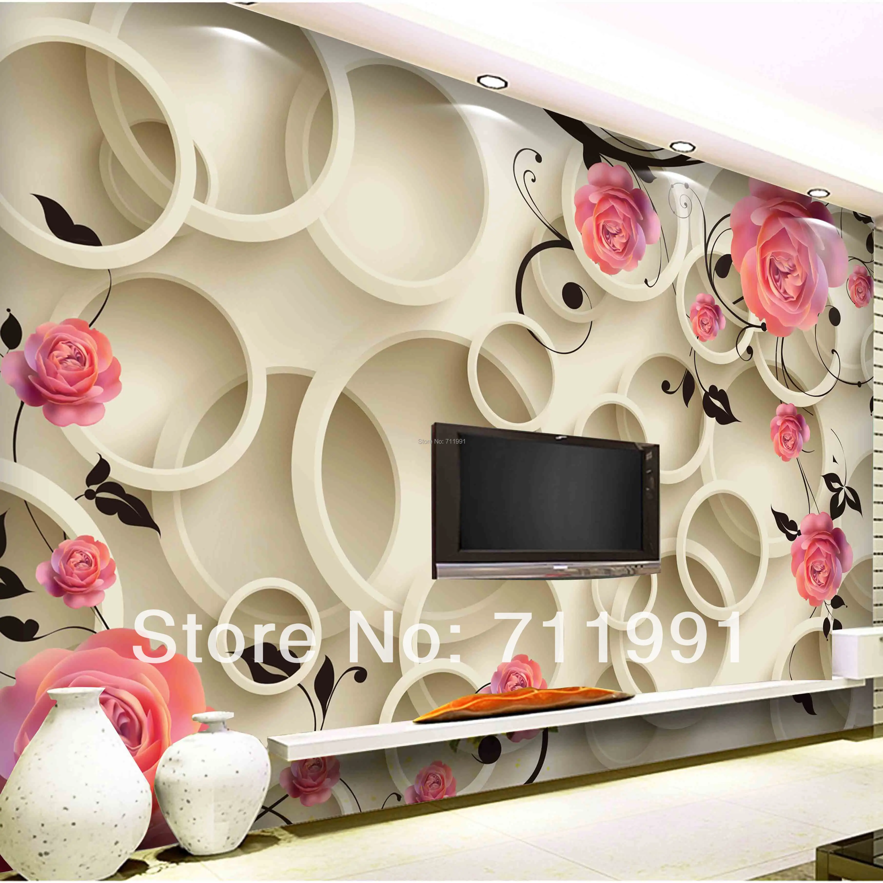 Custom modern Wallcoverings Three dimensional circle and roses for