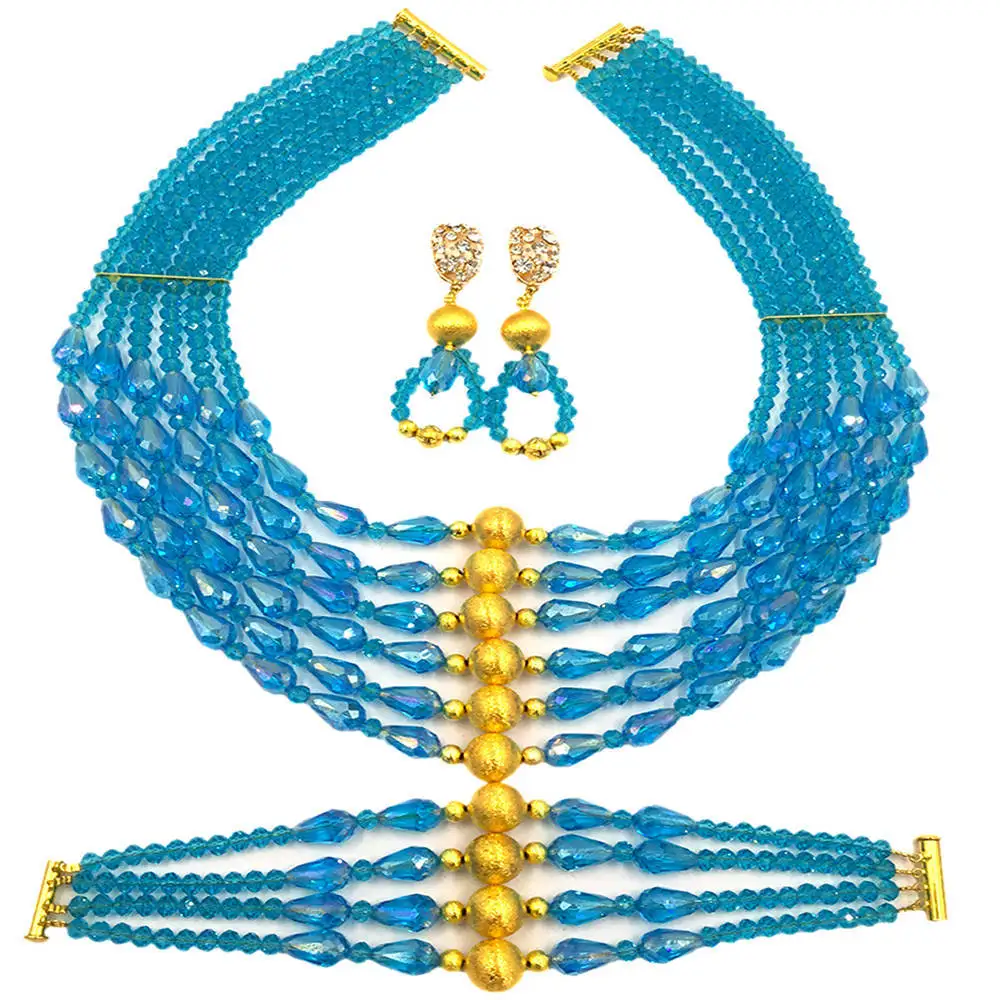 

Fashion Lake Blue African Wedding Jewelry Set Nigerian Beads Necklace Party Jewelry Sets 6C-XSD017