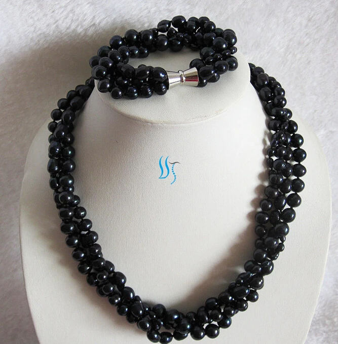 

hot sell new - shitou 00546 8" 4-10mm 4Row Black Freshwater Pearl Necklace Bracelet Set