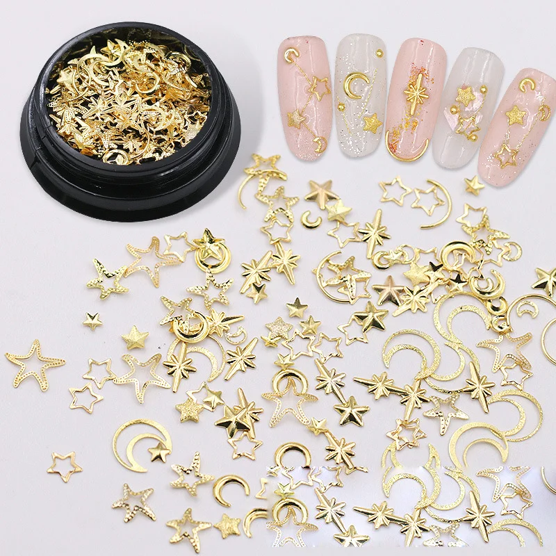 

1box Mix Metal Nail Art Decorations Moon Sea Star Bow Hollow Sanding Triangle Golden Studs 3d Manicure UV Gel Polish Sticker New