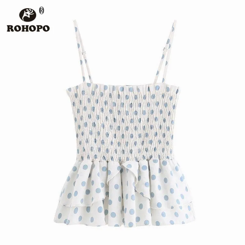 

ROHOPO Women Polka Dot Tube Top Tee Sleeveless Strap Ruffles Corseted Smocking Cute Top Shirt Cute Girl T-shirt #OYK9709