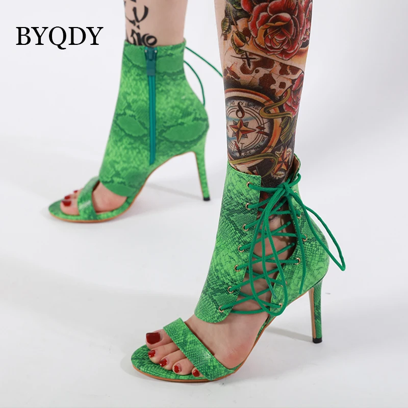 

BYQDY Designer Snake Print Sandals Cross-tied Roman Sandals Sexy High Heels Peep Toe Shoes Wedding Party Woman Size 35-40