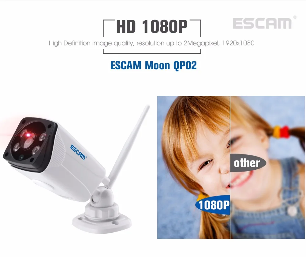 Escam Moon QP02 2MP HD 1080P Wi-Fi камера с сигнализацией, наружная цилиндрическая IR-Cut ip-камера с разрешением 180 градусов, поддержка Макс 64 ГБ, TF карта