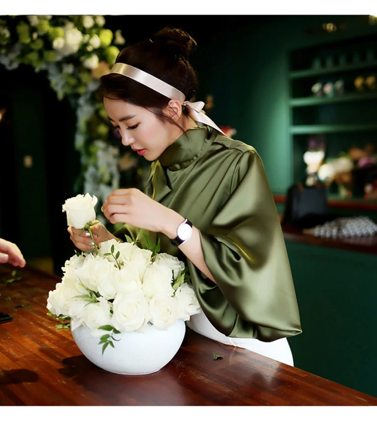 Весенняя женская блузка в Корейском стиле, Офисная Женская белая шифоновая рубашка с длинным рукавом-фонариком и бантом, Повседневная Свободная блузка со стоячим воротником T81239A