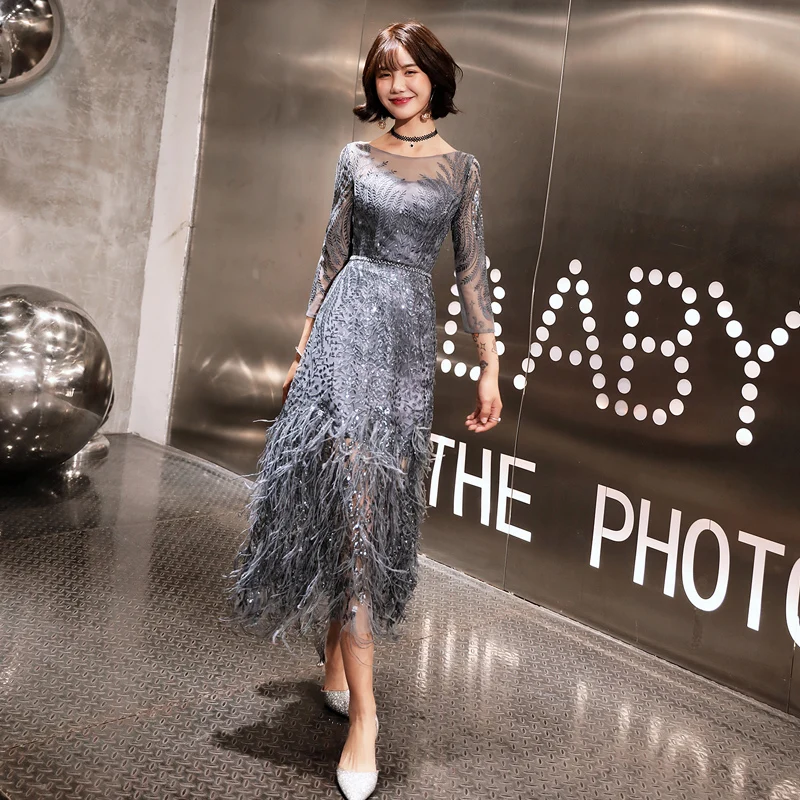 

New Style Tea-length Gray Evening Dresses 2019 Feathers Formal Prom Gowns Bestido de festa Abiye Black Evening Gown LYFY82