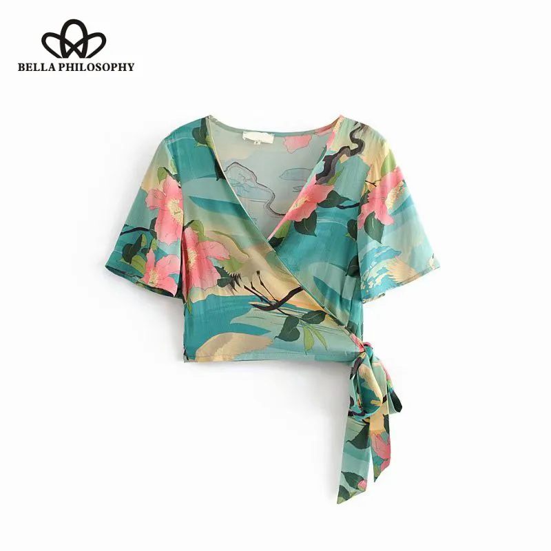 

Bella Philosophy 2018 Boho Chic Crop Tops Vintage Floral Crane Print Wrap Blouses V Neck Beach Short Shirts Blusas Mujer