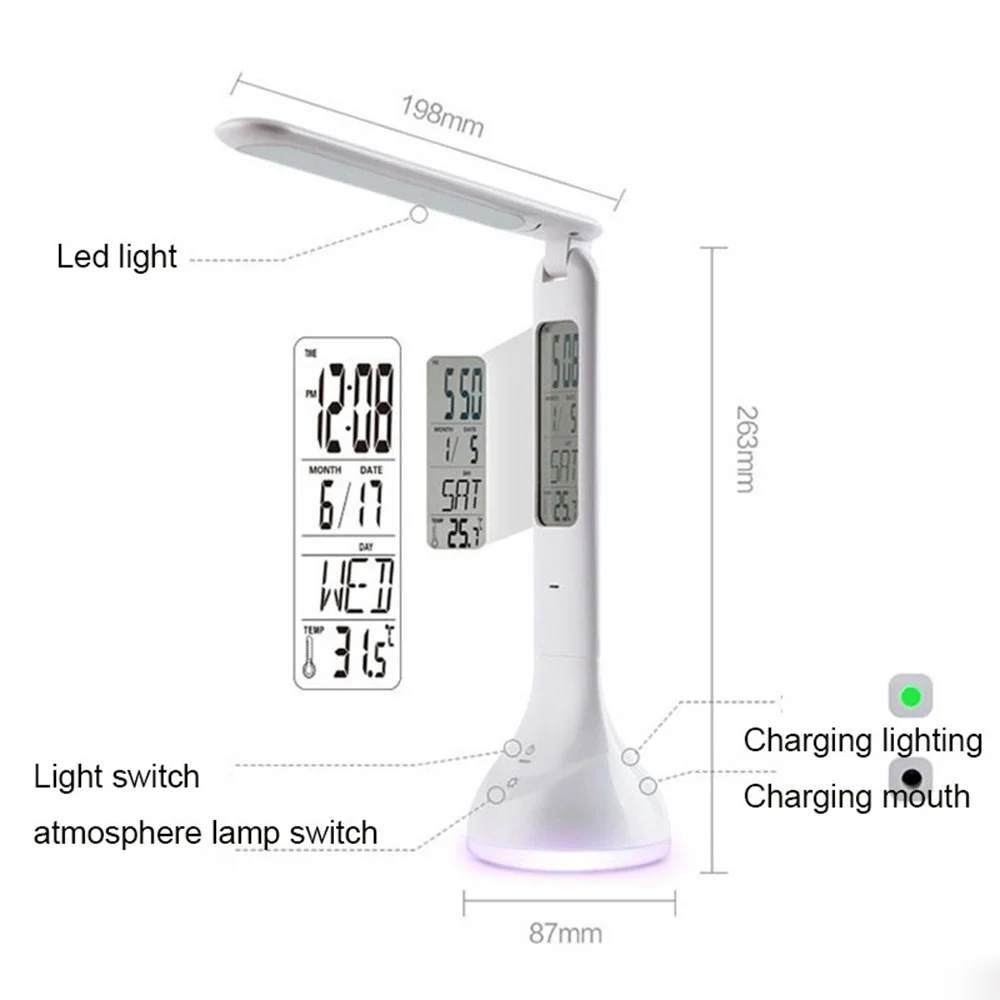 Складная затемняемая Светодиодная настольная лампа, настольный светильник с календарем, температурный Будильник, атмосфера, меняющий цвета, книжный светильник