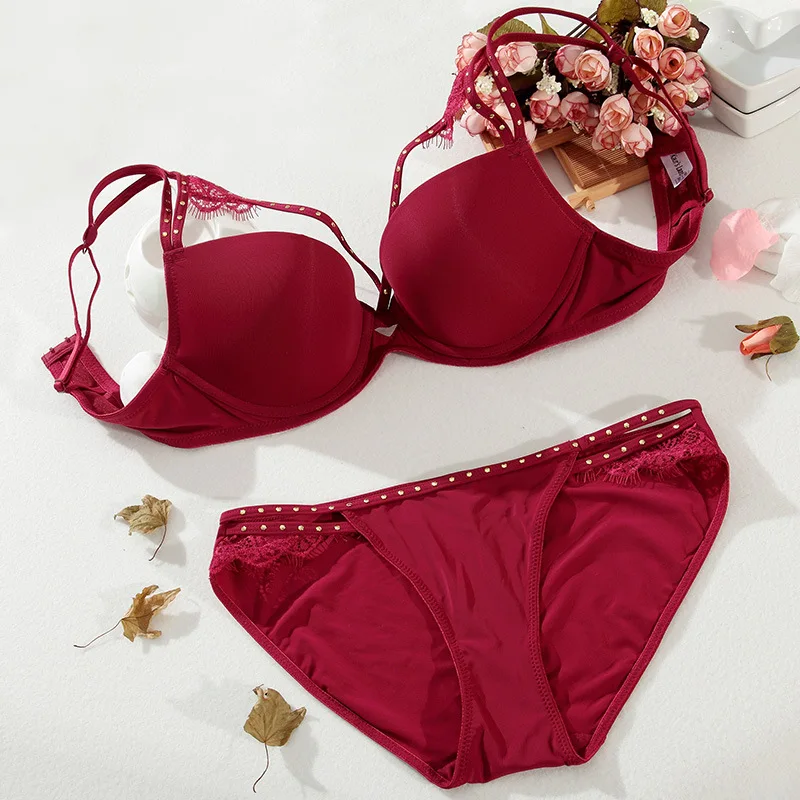 2019 underwear Women Sexy Hot beads a trace upper thin under thick solid half cup bra set elegant sexy lingerie Push Up bra set