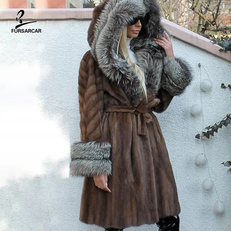 Меховая коричневая норковая шуба с серебристой лисой для женщин, зимняя Толстая теплая длинная куртка, одежда из натурального меха, новинка