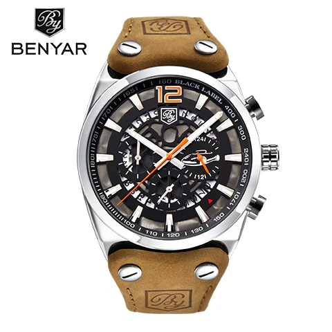BENYAR relogio masculino часы мужские модные спортивный корпус кожаный ремешок часы военные кварцевые наручные часы для деловых людей erkek kol saati - Цвет: Silver Black orange