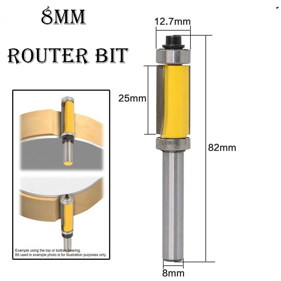 8mm Woodworking Trimming Milling Cutter 8mm Shank Top & Bottom Bearing