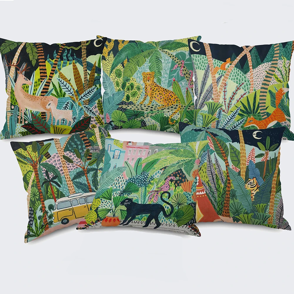 

Cartoon Oil Painting Jungle Woods Cushion Covers Forest Animal Tiger Fox Cat Deer Whale Cushion Cover Linen Pillowcase For Kids