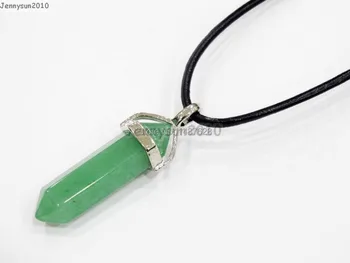 

Natural Green Aventurine Gems Stones Hexagonal Pointed Healing Reiki Chakra Pendant Black Leather Cord Necklace 18'' 5 Sets/Pack