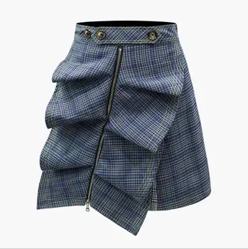 

European station autumn new skirt irregular ruffled zipper high waist plaid fashion casual skirt
