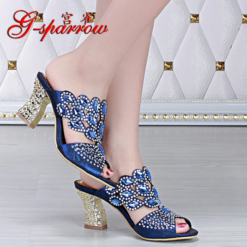

G-sparrow 2019 New Women's Summer Rhinestone High Heel Roman Slippers Women Peep Toe Platform Wedge Shoes