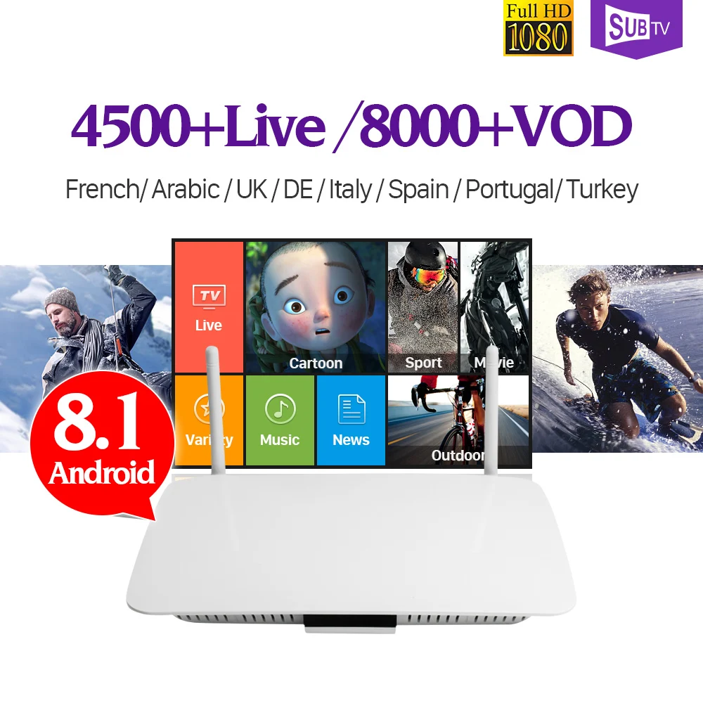 

IPTV Subscription 1 Year SUBTV Code 8000 VOD Android 8.1 Smart TV Box IPTV Europe Portugal Turkey Germany French Arabic IPTV Box