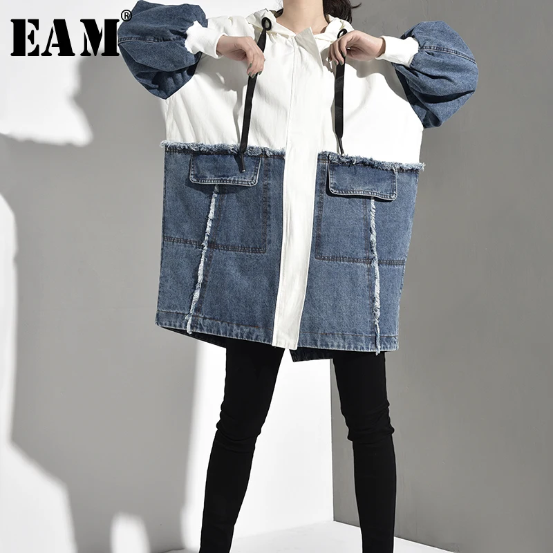 

[EAM] 2019 New Spring Autumn Hooded Long Sleeve Hit Color Denim Split Joint Loose Big Size Jacket Women Coat Fashion Tide BD4810