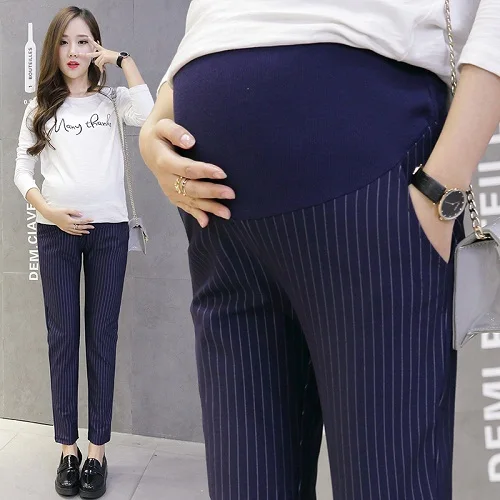 SLYXSH/Хлопковые Брюки для беременных с вертикальными полосками; брюки-карандаш с эластичной резинкой на талии; Одежда для беременных женщин; брюки для беременных - Цвет: Синий