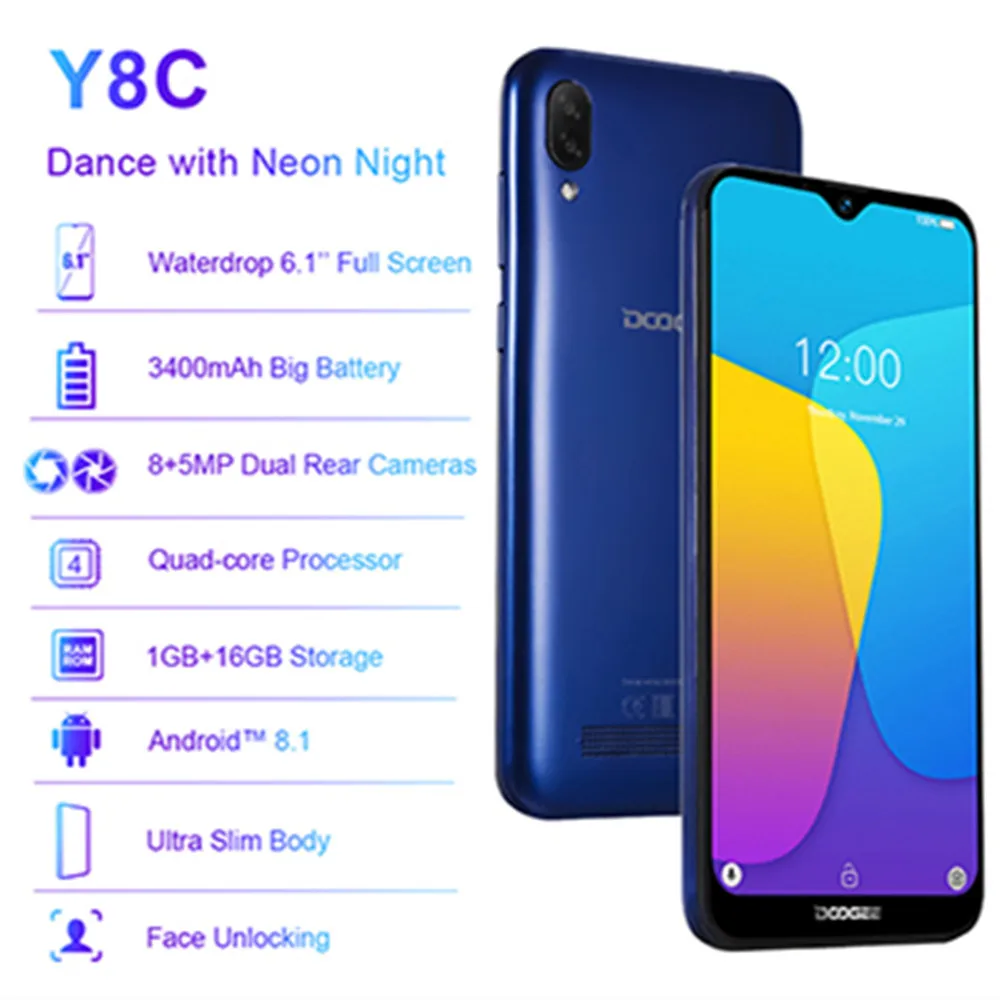 

DOOGEE Y8c Android 8.1 6.1inch 19:9 Waterdrop LTPS Screen Smartphone MTK6580 1GB RAM 16GB ROM 3400mAh Dual SIM 8MP+5MP WCDMA