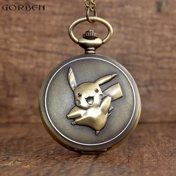 

Vintage Bronze KAWAI Pikachu Pocket Watch with FOB Necklace Chain Japan Anime Cute Cartoon Pokemon Watch Boys Children Pendants