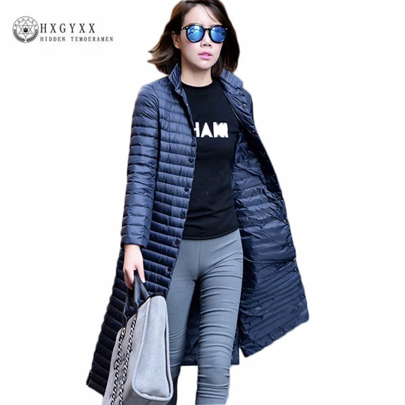 

2019 Winter Women's Down Jackets Brands Single Breasted Slim Solid Long Puffer Coat Stand Collar Warm Canada Parka Outwear Okb92