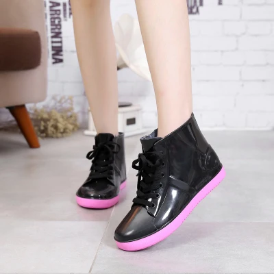 SWYIVY PVC Ladies Wellies Boots Ankle Flat 2018 Autumn Winter Water Shoes Flat Woman Casual Shoes Waterproof Ankle Rain Boots