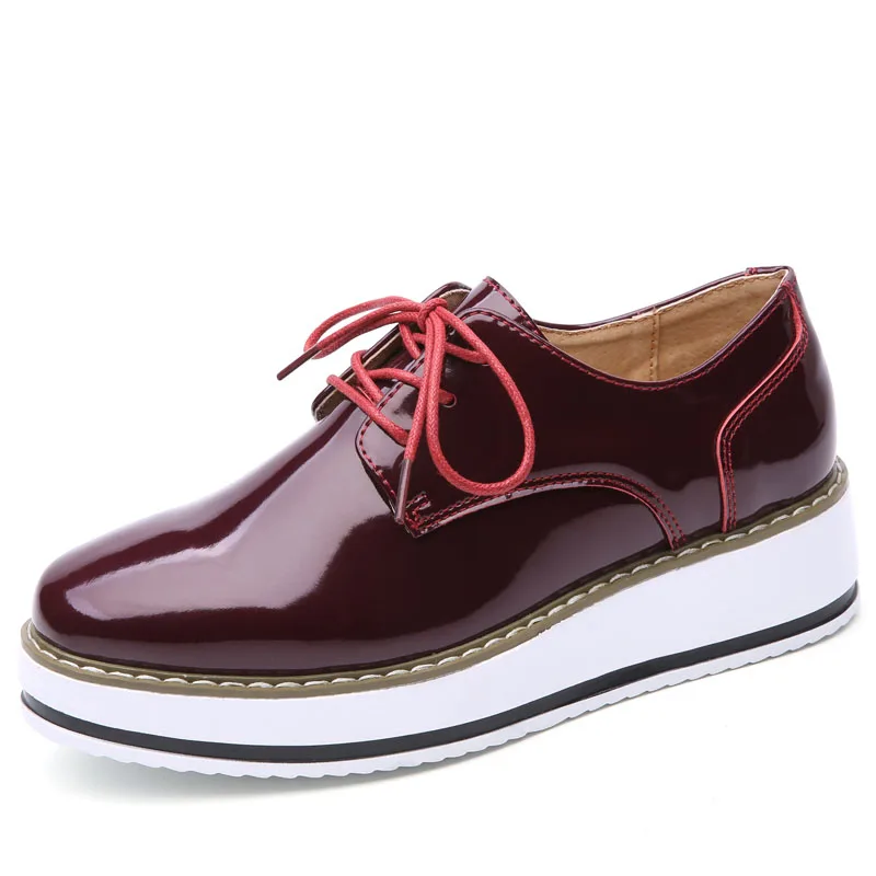 Spring Creeper Women Shoes Patent Leather Platform Shoes Women Flats Fashion Loafers Women Brogues Shoes Oxford Footwear - Цвет: 002 Wine red