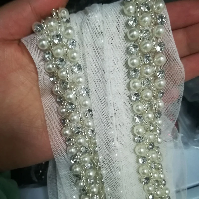 1Yards 4cm Pearl Rhinestone Beaded Lace Trim Vintage Mesh Fabric