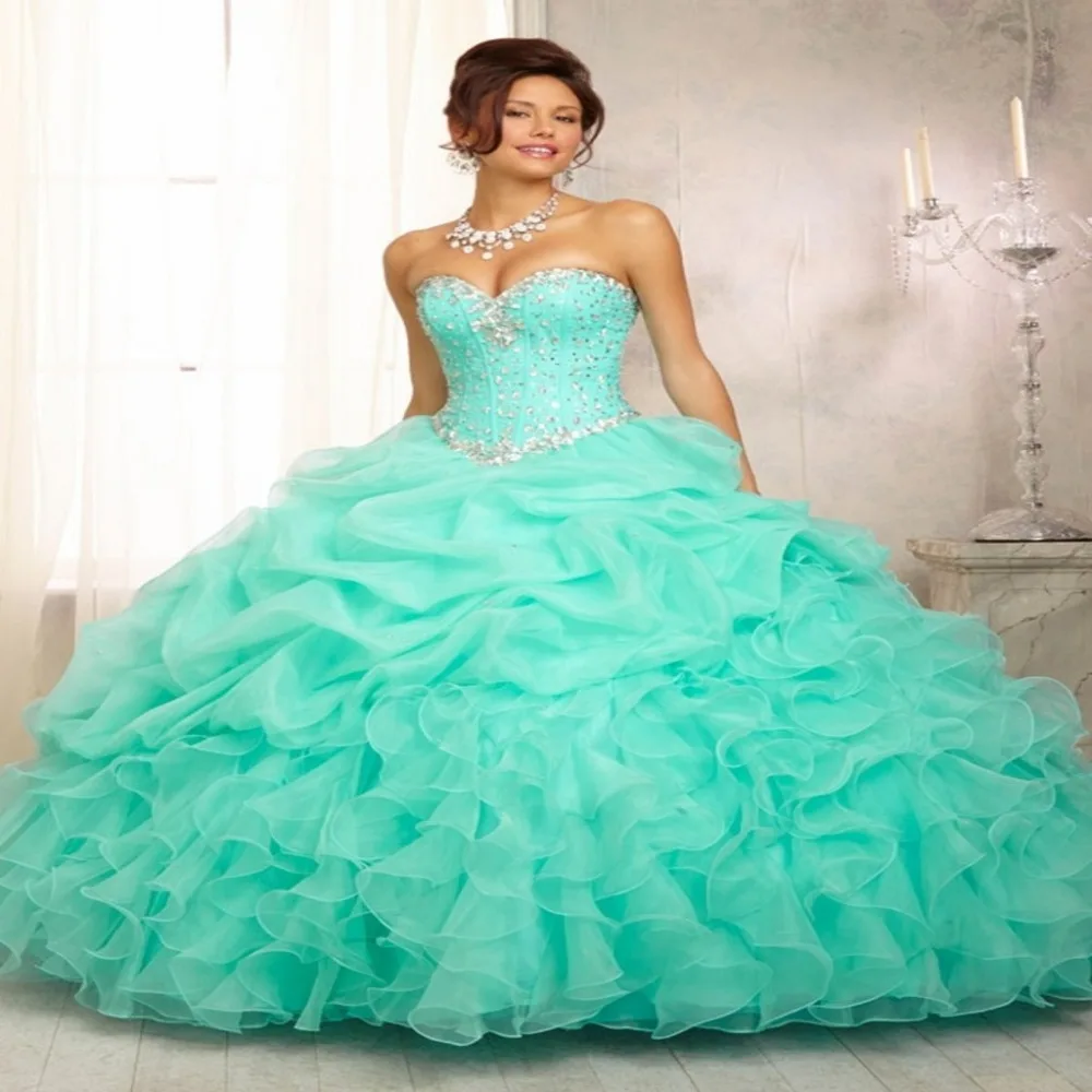 2015 In stock ruffled lime green organza quinceanera dress for 15 years ...