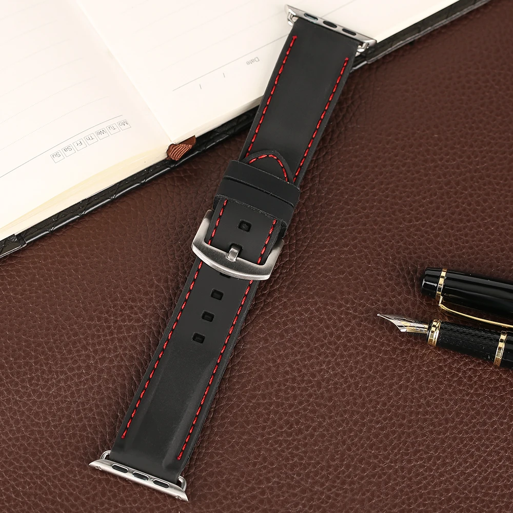 YISUYA Men Watch Strap Band Waterproof Soft Diving Black Silicone For iWatch Apple Watch 38 mm Military Red Line Stitching Xmas (9)