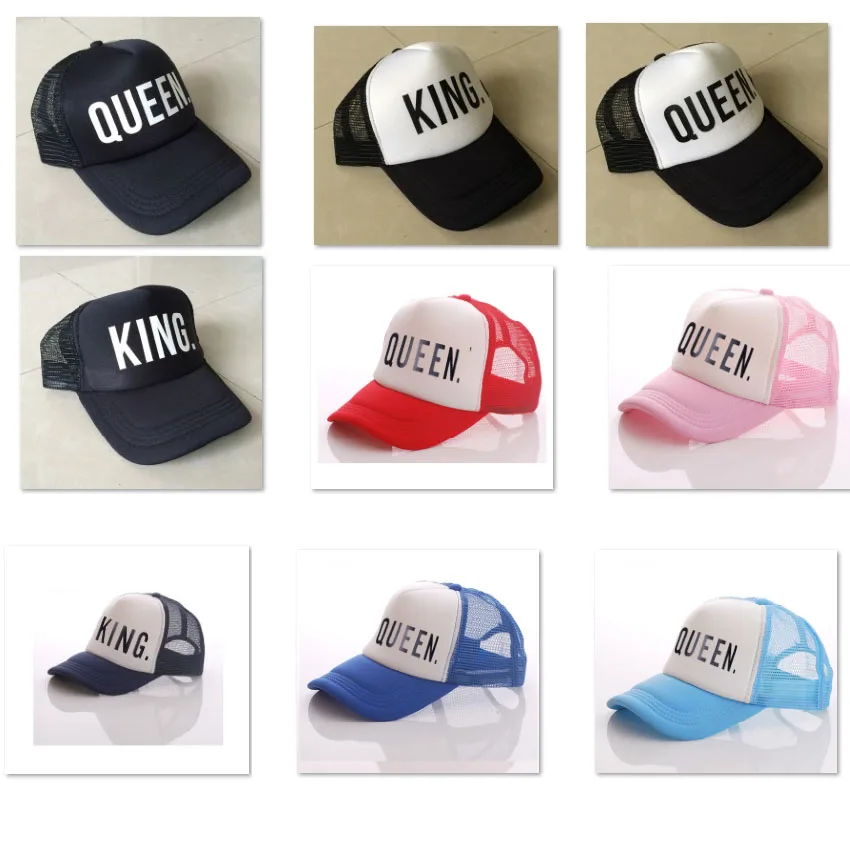 

New Arrival Candy Color KING QUEEN Sun Hats Couple Printing Trucker Caps Mesh Snapback Men Women Lover Hip Hop Caps Adjust size